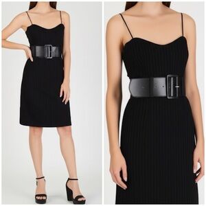 90s Vintage Tattoo Black Pin Striped‎ Belted Spaghetti Strap Stretch Mini Dress